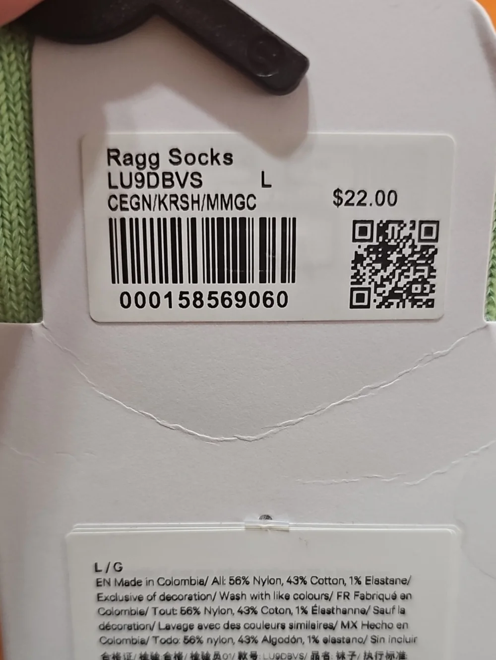 Lululemon Ragg Socks Sz Large,Nwts!! Crew Length!CEGN/KRSH/MMGC!!